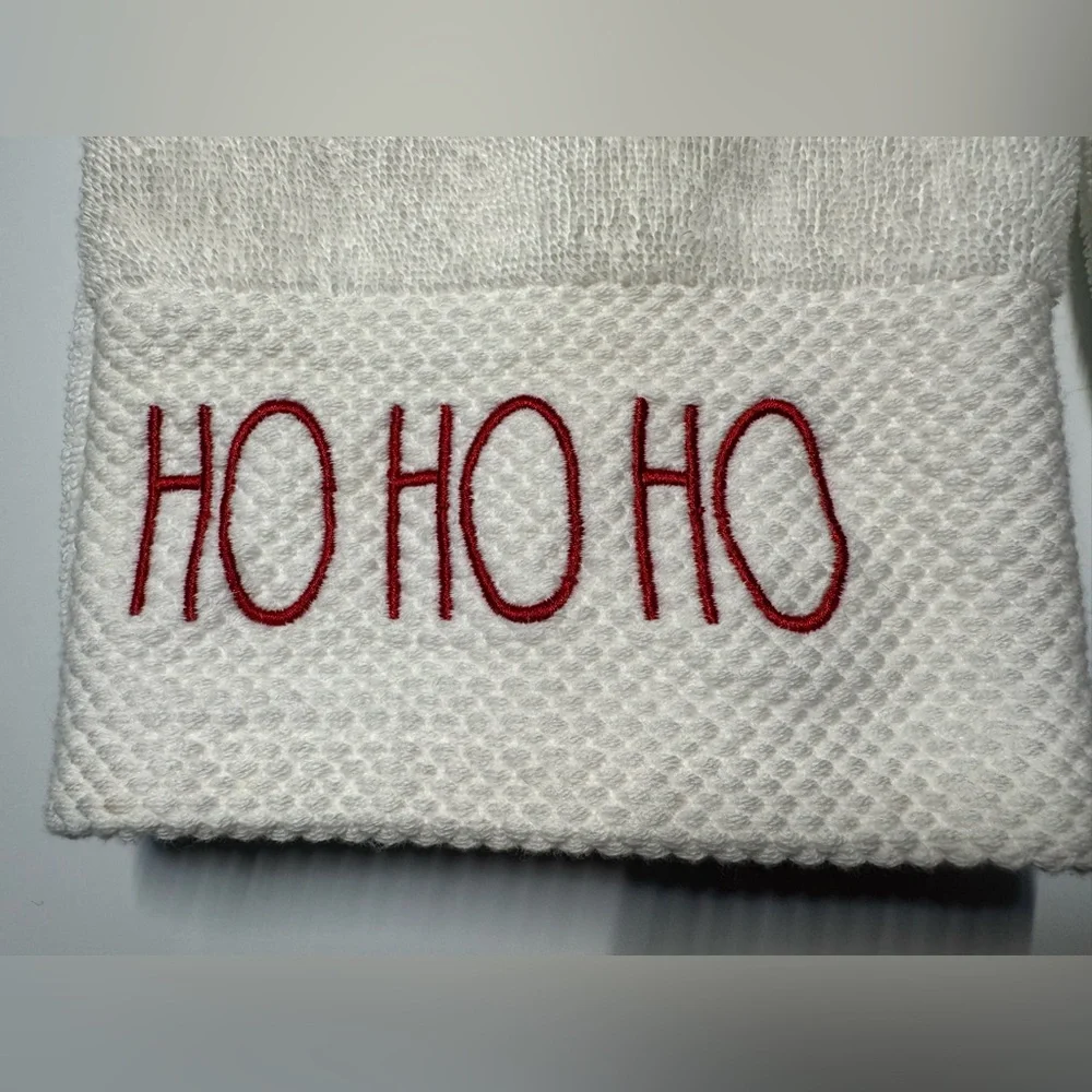 Rae Dunn Holiday Ho Ho Ho White Hand Towels With Red Writing. Set Of 2